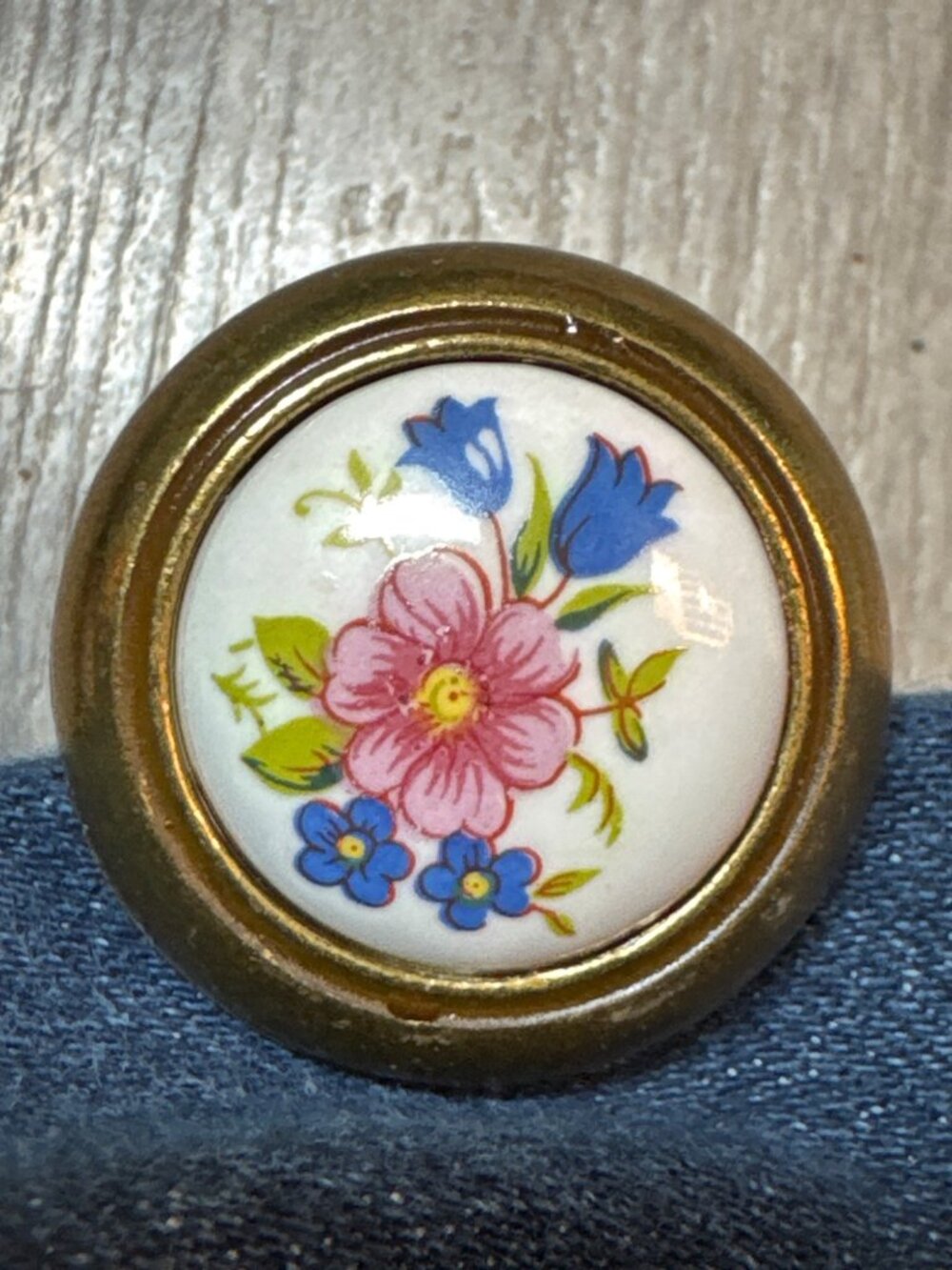 Set Of 5 Vintage MCM Floral Ceramic & Brass Drawer Knobs 1.5" Diameter Made In T
